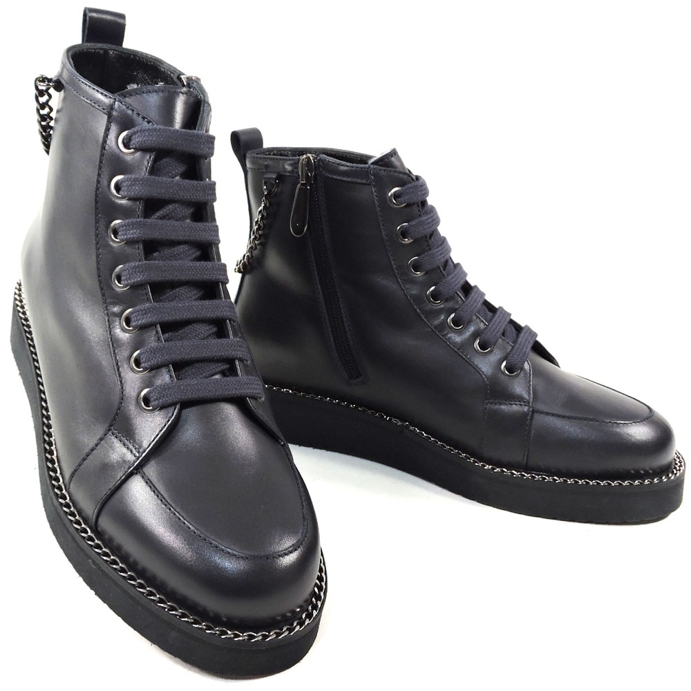 ALBERTO CICCIOLI  🇮🇹 WOMEN'S NAVY BLUE LEATHER FLAT WINTER BOOTIE